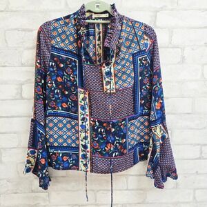 Hazel Patchwork Print Bell Sleeve Blouse Ruffle Neck Blue Orange XS H35694